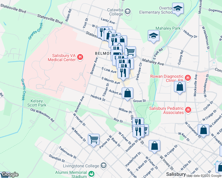 map of restaurants, bars, coffee shops, grocery stores, and more near 220 Ackert Avenue in Salisbury