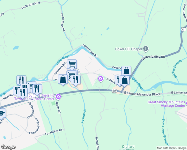 map of restaurants, bars, coffee shops, grocery stores, and more near 8034 West Old Highway 73 in Townsend