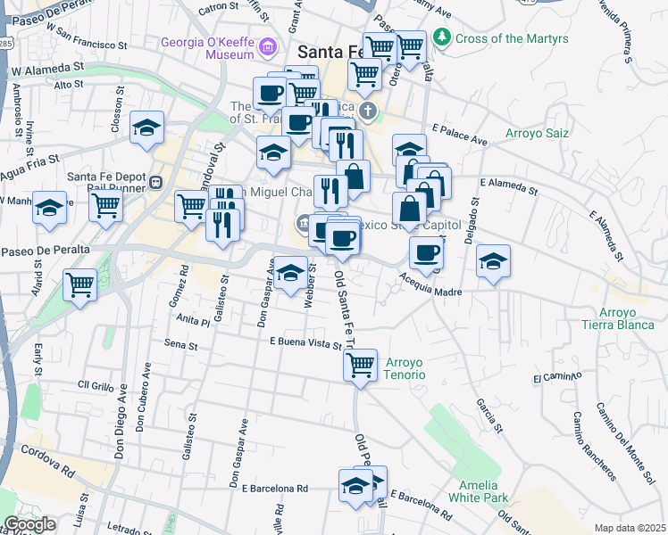 map of restaurants, bars, coffee shops, grocery stores, and more near 518 Old Santa Fe Trail in Santa Fe