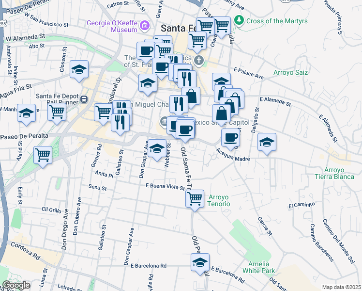 map of restaurants, bars, coffee shops, grocery stores, and more near 518 Old Santa Fe Trail in Santa Fe