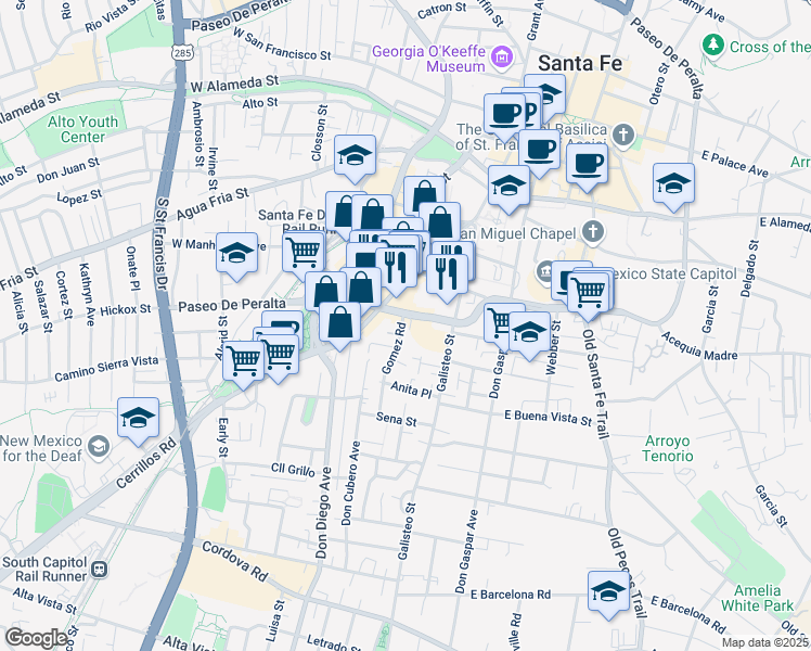 map of restaurants, bars, coffee shops, grocery stores, and more near 619 Gomez Road in Santa Fe