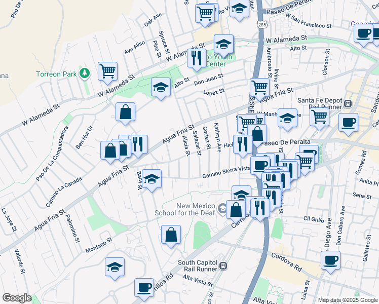 map of restaurants, bars, coffee shops, grocery stores, and more near 603 Alicia Street in Santa Fe