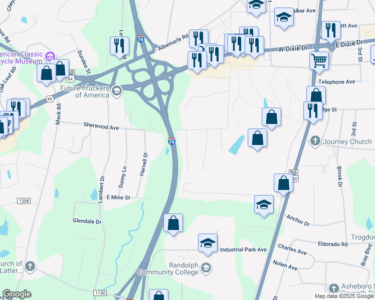 map of restaurants, bars, coffee shops, grocery stores, and more near 1905 Dennis Street in Asheboro