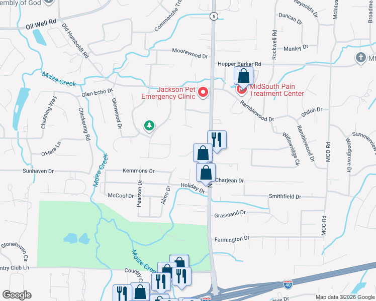 map of restaurants, bars, coffee shops, grocery stores, and more near 2677 North Highland Avenue in Jackson