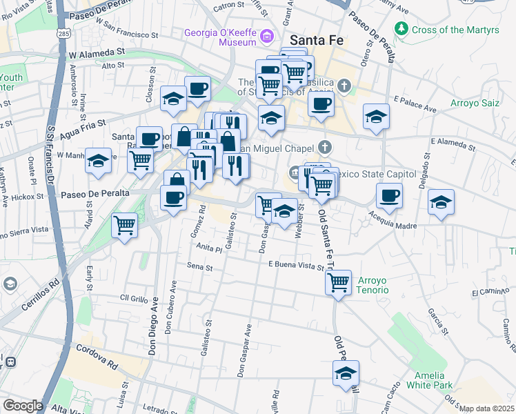 map of restaurants, bars, coffee shops, grocery stores, and more near 115 West Santa Fe Avenue in Santa Fe