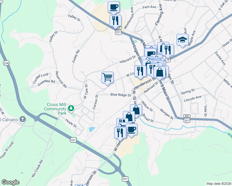 map of restaurants, bars, coffee shops, grocery stores, and more near 143 Blue Ridge Street in Marion
