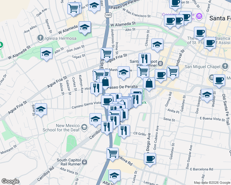 map of restaurants, bars, coffee shops, grocery stores, and more near 815 Ninita Street in Santa Fe