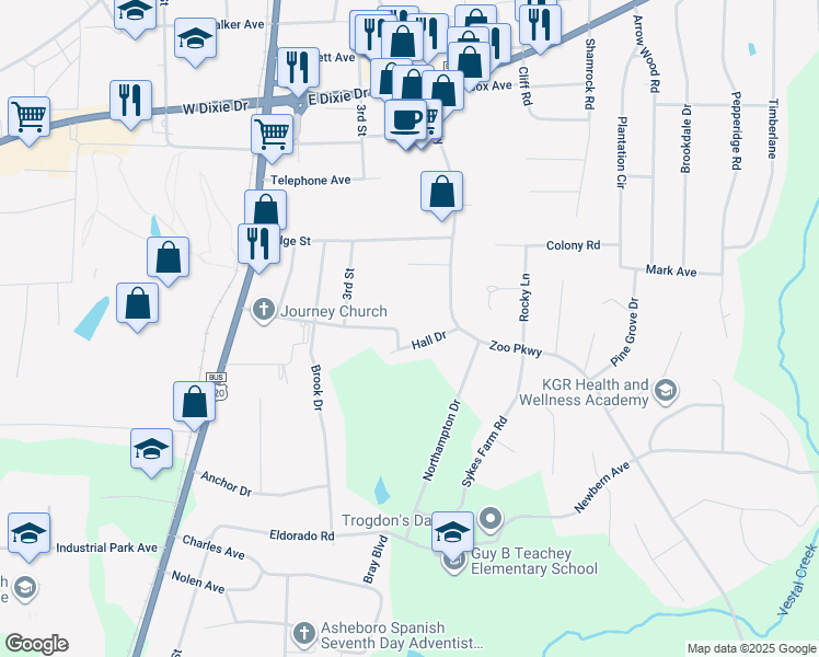 map of restaurants, bars, coffee shops, grocery stores, and more near 317 Hall Drive in Asheboro