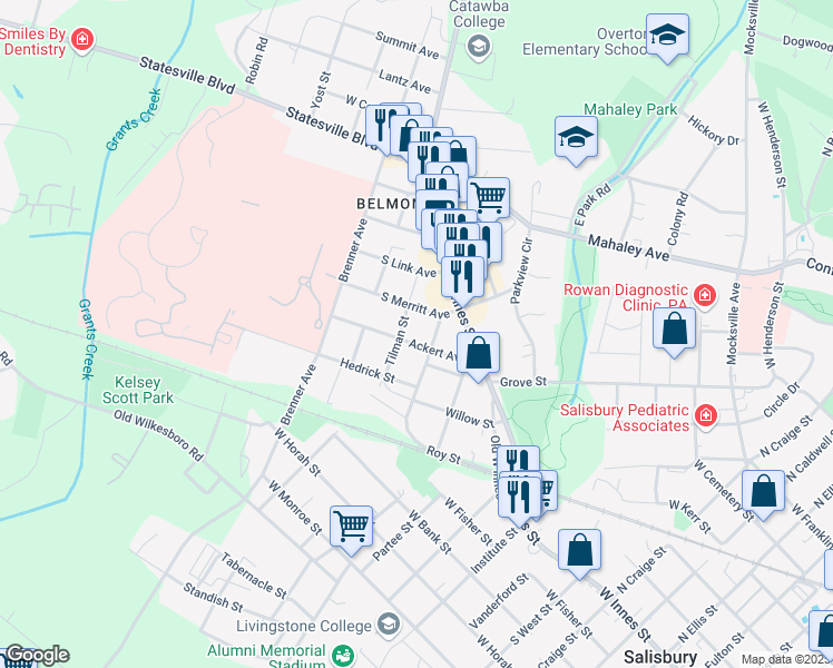 map of restaurants, bars, coffee shops, grocery stores, and more near 220 Ackert Avenue in Salisbury
