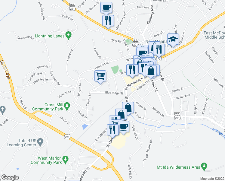 map of restaurants, bars, coffee shops, grocery stores, and more near 143 Blue Ridge Street in Marion