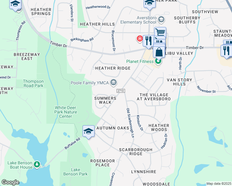map of restaurants, bars, coffee shops, grocery stores, and more near 102 Zinnia Lane in Garner