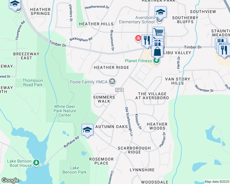 map of restaurants, bars, coffee shops, grocery stores, and more near 102 Zinnia Lane in Garner