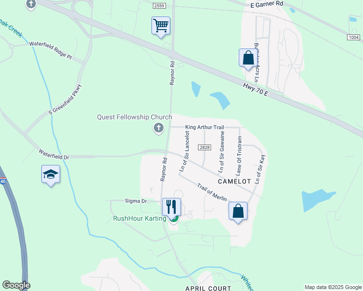 map of restaurants, bars, coffee shops, grocery stores, and more near 206 Ln of Sir Lancelot in Garner