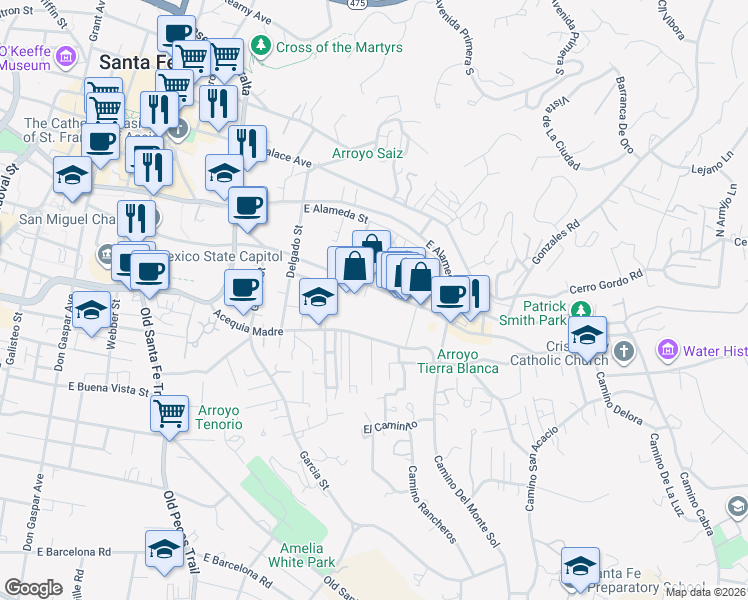 map of restaurants, bars, coffee shops, grocery stores, and more near 725 Acequia Madre in Santa Fe