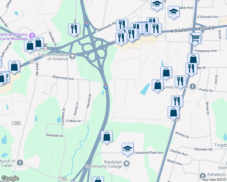 map of restaurants, bars, coffee shops, grocery stores, and more near 1834 Dennis Street in Asheboro