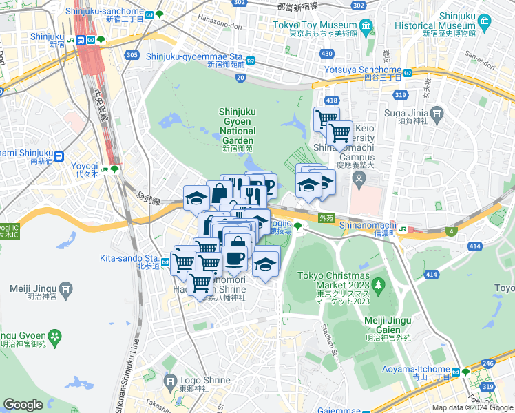 map of restaurants, bars, coffee shops, grocery stores, and more near in Shibuya City