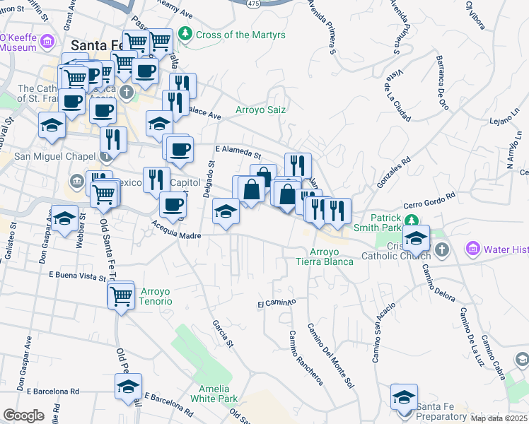 map of restaurants, bars, coffee shops, grocery stores, and more near 725 Acequia Madre in Santa Fe