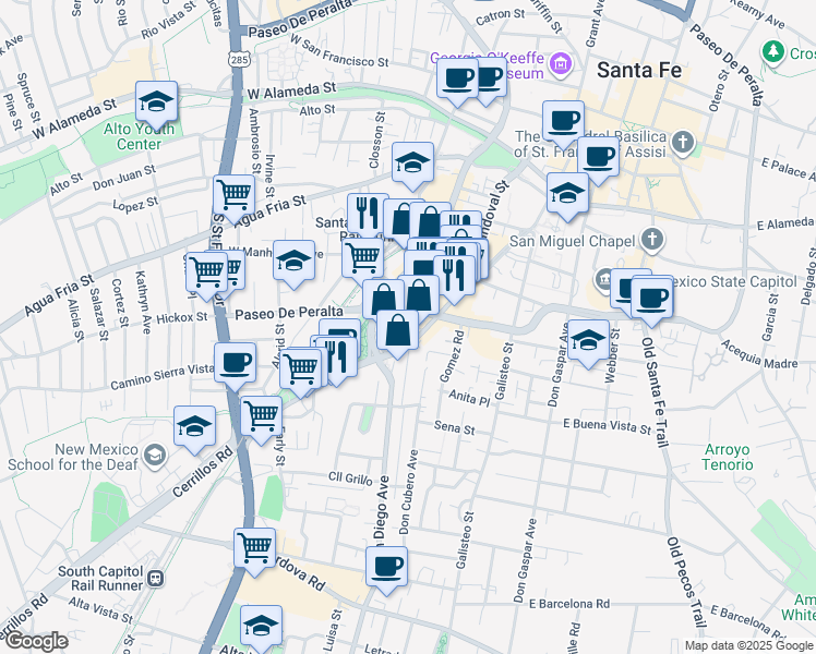 map of restaurants, bars, coffee shops, grocery stores, and more near 646 Cerrillos Road in Santa Fe