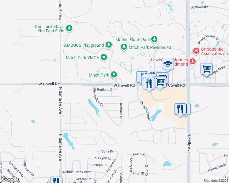 map of restaurants, bars, coffee shops, grocery stores, and more near 1700 Redland Drive in Edmond
