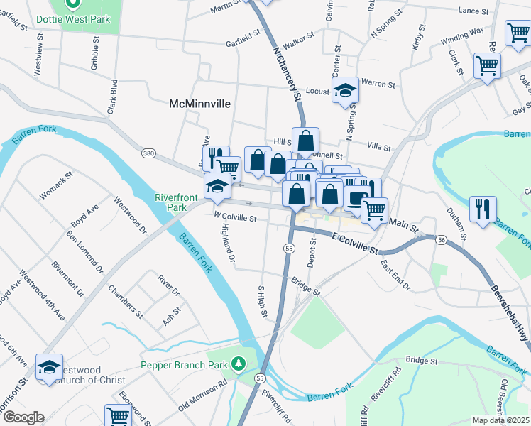 map of restaurants, bars, coffee shops, grocery stores, and more near 301 West Main Street in McMinnville