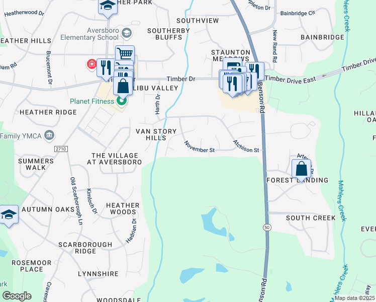 map of restaurants, bars, coffee shops, grocery stores, and more near 102 Choyce Court in Garner