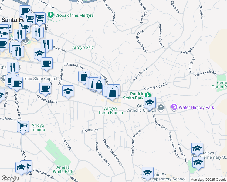 map of restaurants, bars, coffee shops, grocery stores, and more near 868 1/2 East Alameda Street in Santa Fe