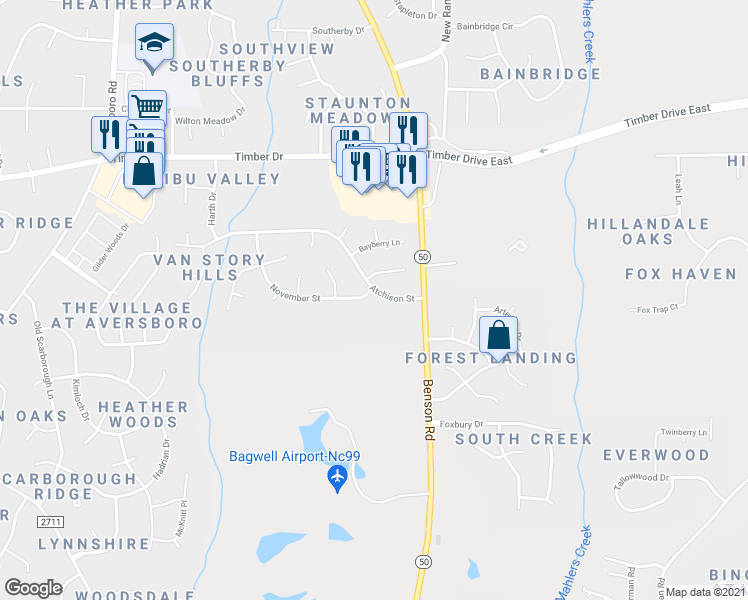 map of restaurants, bars, coffee shops, grocery stores, and more near 115 Atchison Street in Garner