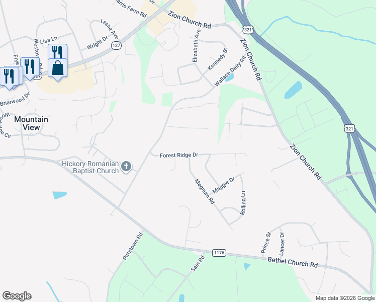 map of restaurants, bars, coffee shops, grocery stores, and more near 4980 Forest Ridge Drive in Hickory