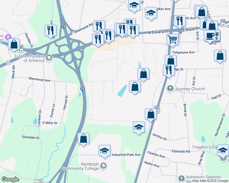 map of restaurants, bars, coffee shops, grocery stores, and more near 1845 Bogey Lane in Asheboro