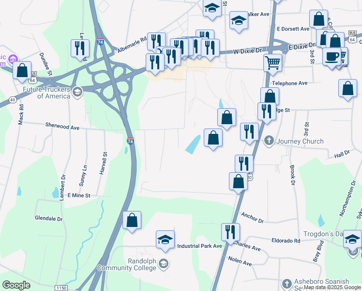 map of restaurants, bars, coffee shops, grocery stores, and more near 1845 Bogey Lane in Asheboro