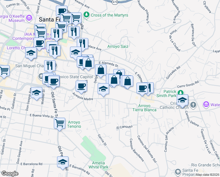 map of restaurants, bars, coffee shops, grocery stores, and more near 540 Canyon Road in Santa Fe