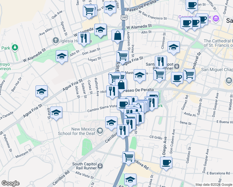 map of restaurants, bars, coffee shops, grocery stores, and more near 557 Onate Place in Santa Fe