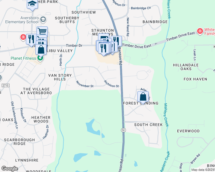 map of restaurants, bars, coffee shops, grocery stores, and more near 115 Atchison Street in Garner