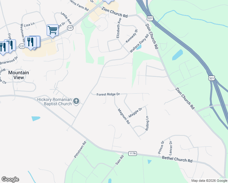map of restaurants, bars, coffee shops, grocery stores, and more near 4980 Forest Ridge Drive in Hickory