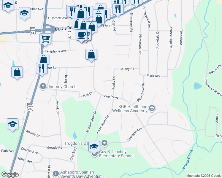 map of restaurants, bars, coffee shops, grocery stores, and more near 1745 Rocky Lane in Asheboro