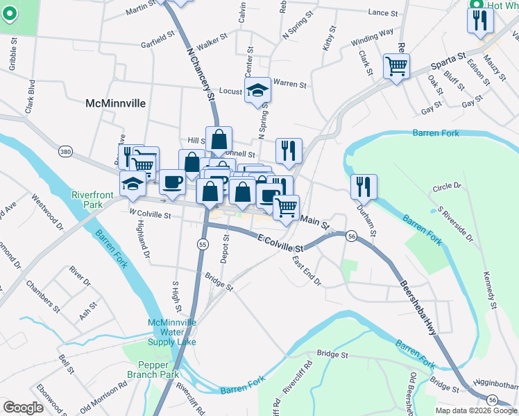 map of restaurants, bars, coffee shops, grocery stores, and more near 200 North Spring Street in McMinnville