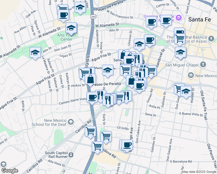 map of restaurants, bars, coffee shops, grocery stores, and more near 1624 Paseo De Peralta in Santa Fe