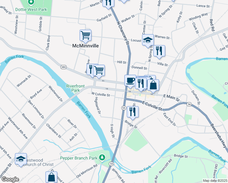 map of restaurants, bars, coffee shops, grocery stores, and more near 301 West Main Street in McMinnville