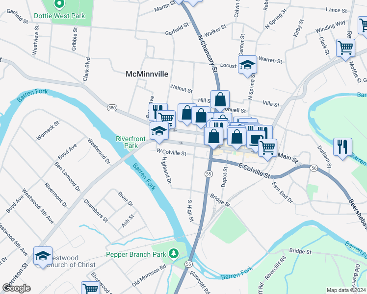 map of restaurants, bars, coffee shops, grocery stores, and more near 307 West Main Street in McMinnville