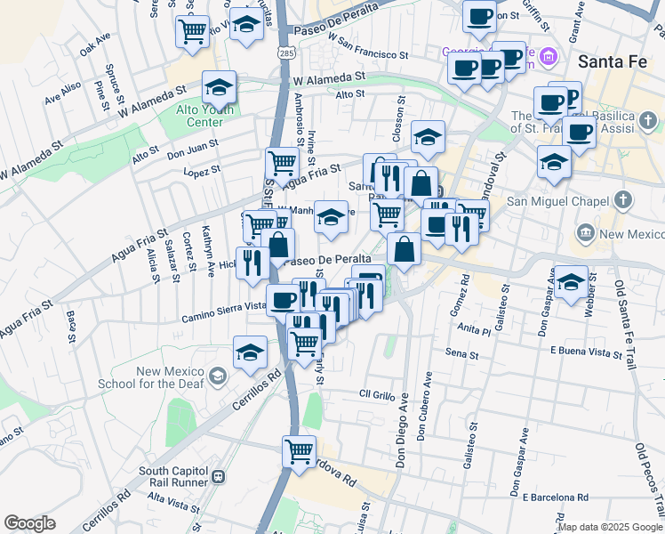 map of restaurants, bars, coffee shops, grocery stores, and more near 1617 Paseo De Peralta in Santa Fe