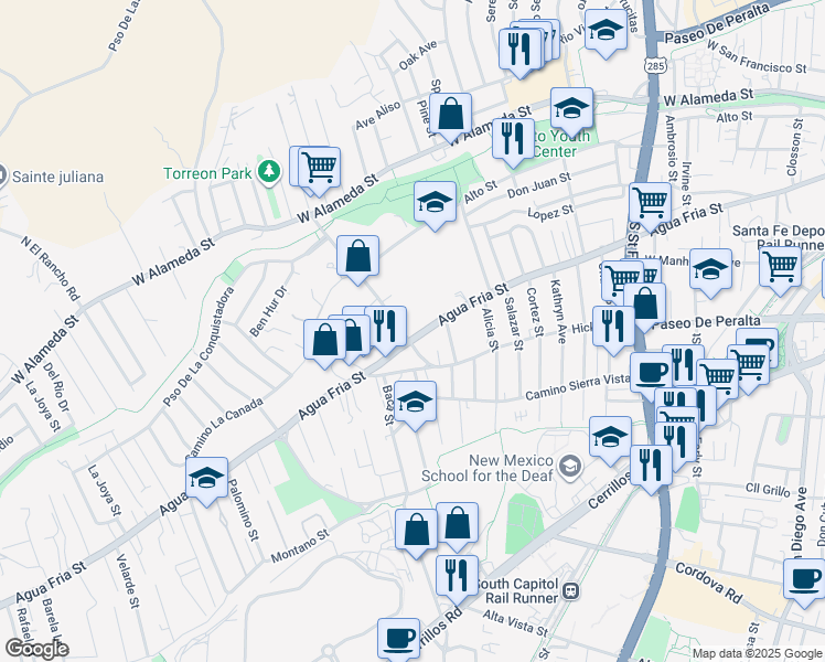 map of restaurants, bars, coffee shops, grocery stores, and more near 1207 Agua Fria Street in Santa Fe