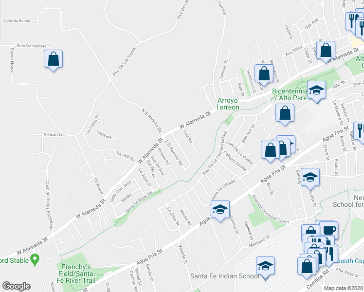 map of restaurants, bars, coffee shops, grocery stores, and more near 105 Caminito Montano in Santa Fe