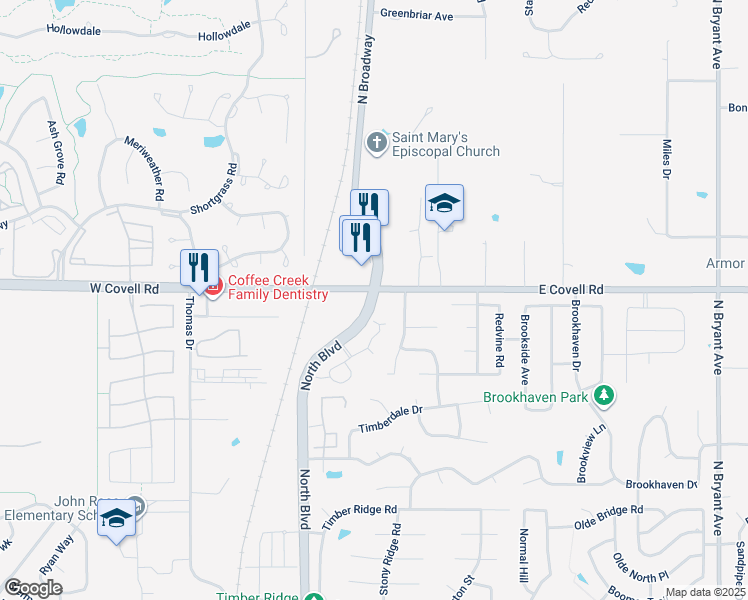map of restaurants, bars, coffee shops, grocery stores, and more near 2709 North Broadway in Edmond
