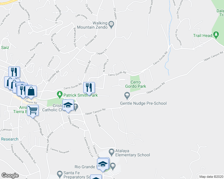 map of restaurants, bars, coffee shops, grocery stores, and more near 1330 Cerro Gordo Road in Santa Fe