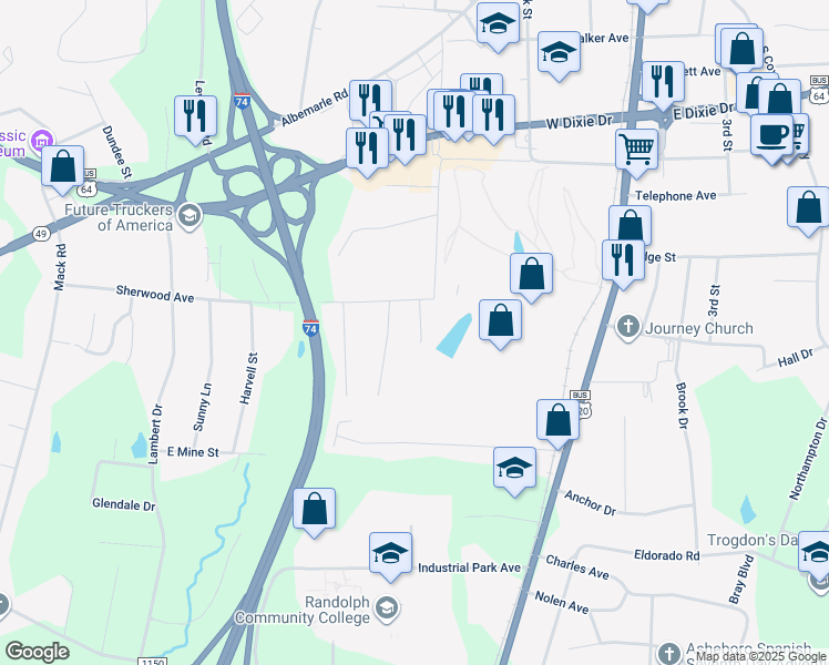 map of restaurants, bars, coffee shops, grocery stores, and more near 1836 Bogey Lane in Asheboro