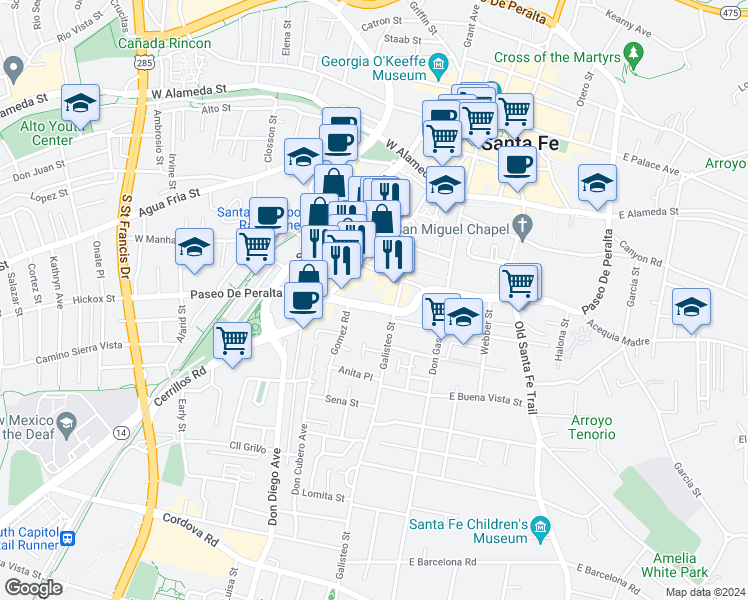 map of restaurants, bars, coffee shops, grocery stores, and more near 1402 Paseo De Peralta in Santa Fe
