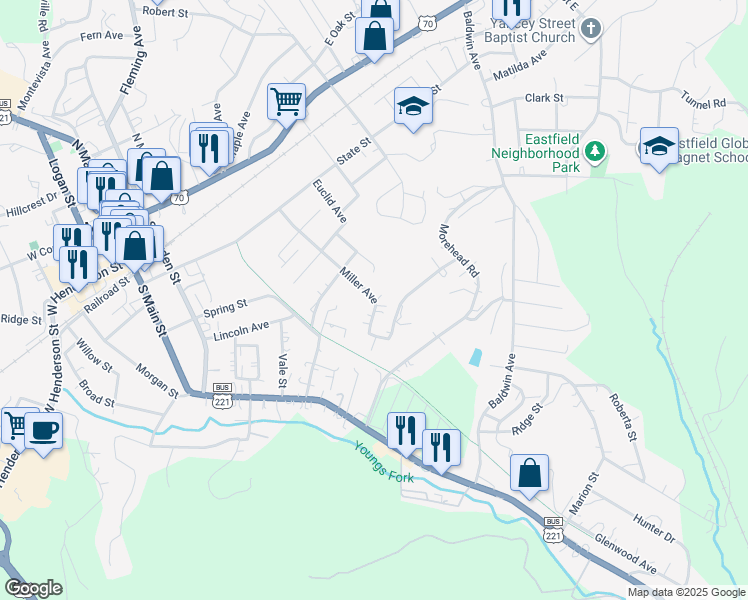 map of restaurants, bars, coffee shops, grocery stores, and more near 623 Miller Avenue in Marion