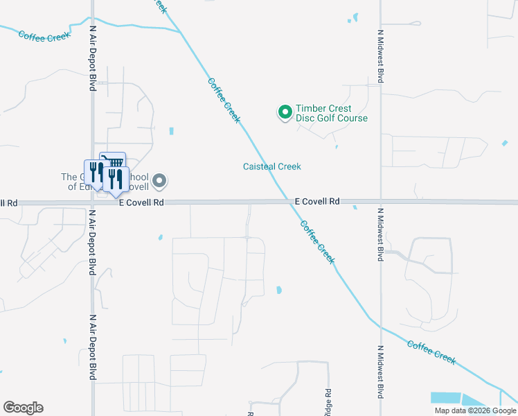 map of restaurants, bars, coffee shops, grocery stores, and more near 6421 East Covell Road in Edmond