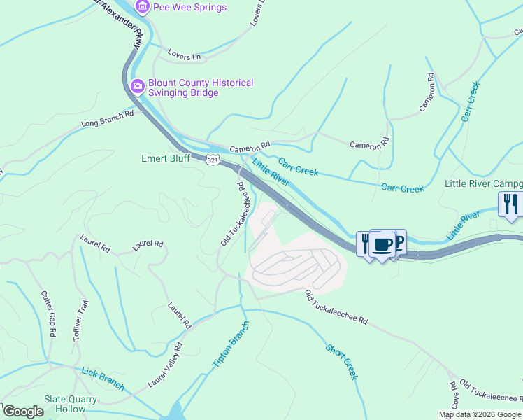 map of restaurants, bars, coffee shops, grocery stores, and more near 7024 East Lamar Alexander Parkway in Townsend