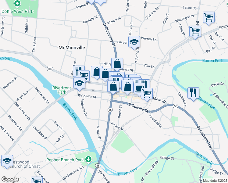 map of restaurants, bars, coffee shops, grocery stores, and more near 118 West Main Street in McMinnville